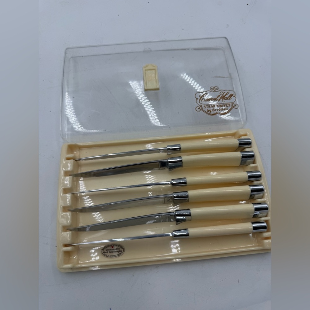 Vintage Carvel Hall Steak Knives 6 Pc Knife Set Ivory Color in Case USA,